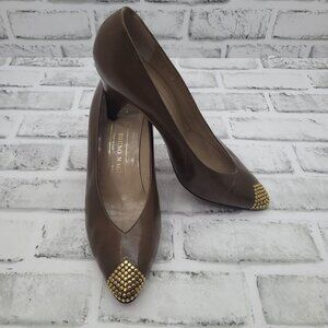 Bruno Magli Vintage Brown Leather Pumps Gold Studded Toe Women's Size 8.5